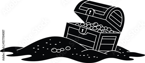 Treasure Discovery, Pirate Chest, Deserted Cove, Vector Art, Surreal Environment, Eye-Level Perspective, Adventure Theme