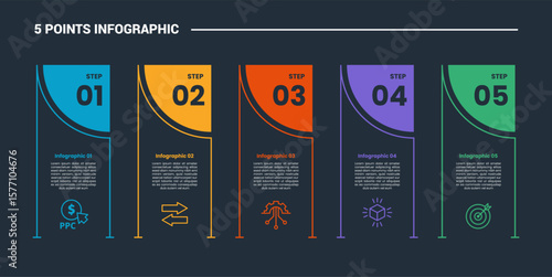 5 stage infographic process diagram with creative container box with circle part as header with dark background bright outline style