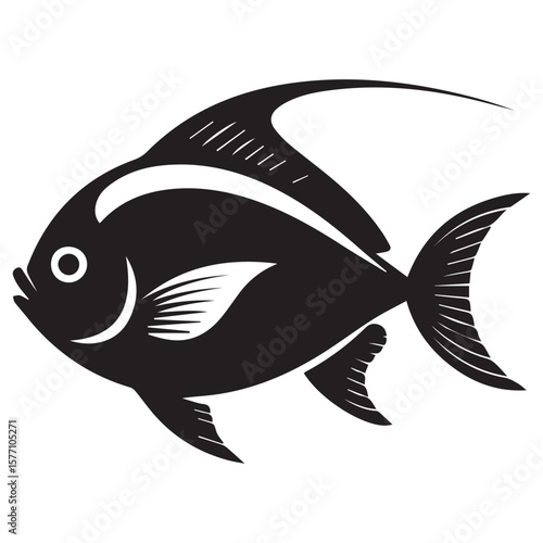 Stylized black silhouette of a tropical angelfish with flowing fins and a distinctive dorsal fin against a clean white background