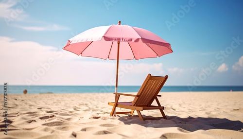 Pink beach chair and umbrella under a clear sky