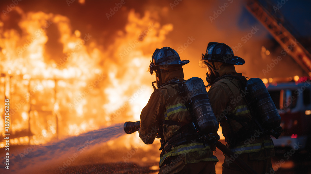Naklejka premium Front view of two firefighters controlling the hose nozzle together, stream of water arcing into bright orange flames, partial view of fire truck and ladder in background, adrenali