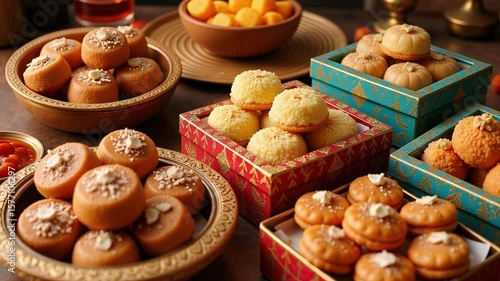 Experience the vibrant colors and intricate details of mixed Diwali sweets presented in beautifully decorated boxes in stunning 4k footage.