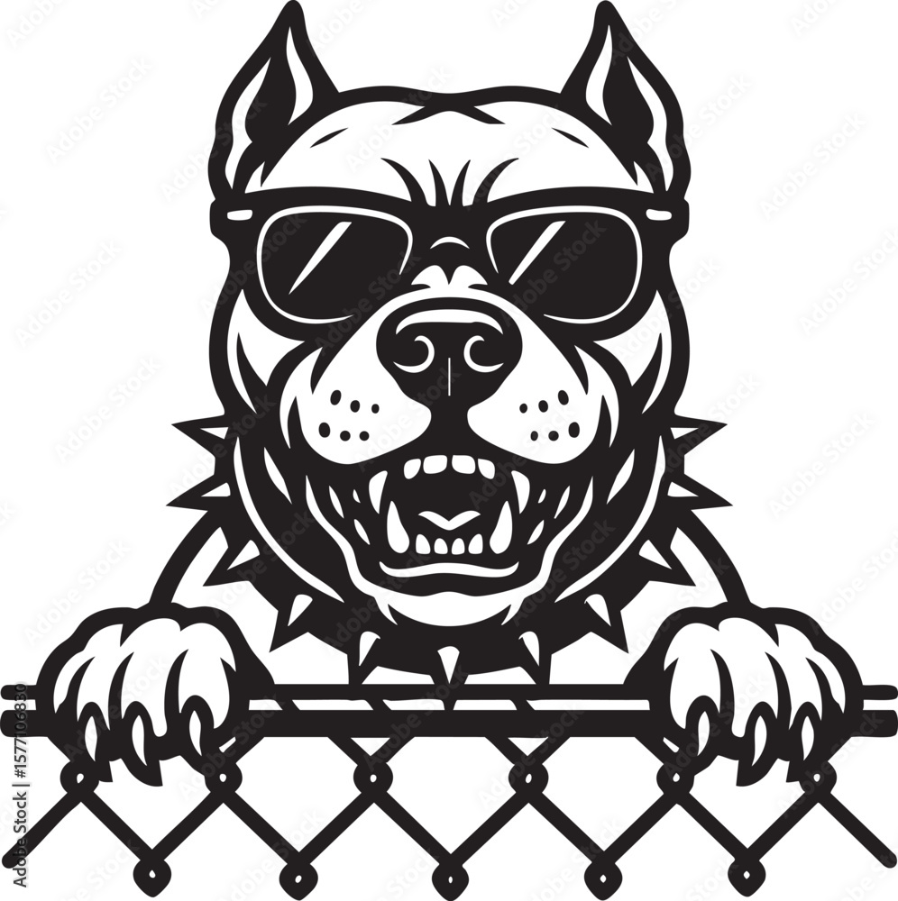 Obraz premium Cool Pitbull Dog with Sunglasses Hanging on a Chain Link Fence Black and White Illustration