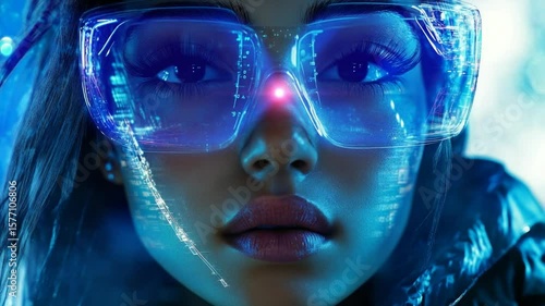Cyberpunk Woman Wearing Futuristic Augmented Reality Smart Glasses in Neon Light
