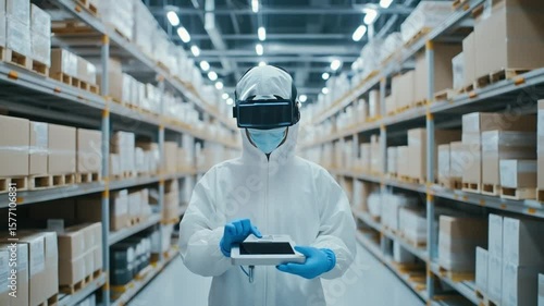 Futuristic Warehouse Worker in VR Gear Using Tablet in High-Tech Logistics Center
