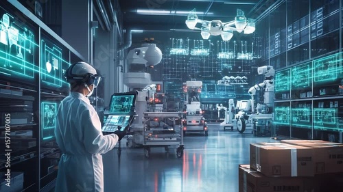 Futuristic Smart Warehouse with Robots, Drones, and Holographic Control Interfaces

