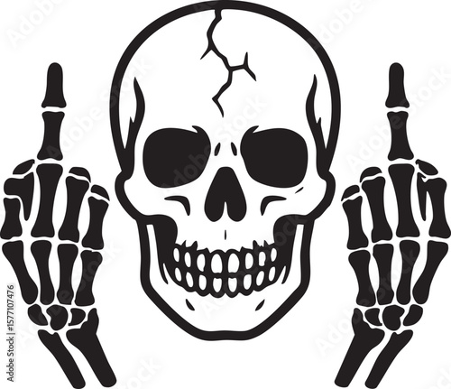 Skeletal Skull with Middle Finger Gesture Illustration in Black and White on a White Background