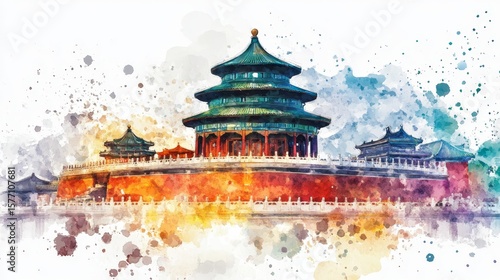 Beijing Temple Watercolor Painting - Serene watercolor artwork depicting a majestic Beijing temple, symbolizing peace, history, culture, spirituality, and architectural marvel.