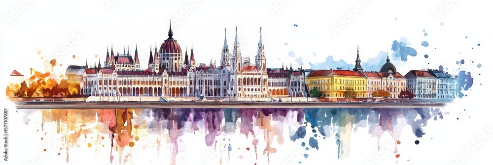 Fototapeta premium Budapest Watercolor Skyline - Artistic watercolor depiction of Budapest's cityscape, symbolizing travel, architecture, history, culture, and beauty.
