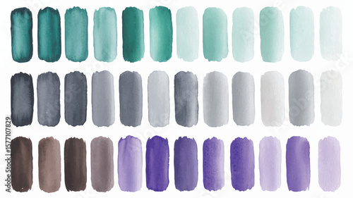Teal grey brown purple watercolor paint swatches green