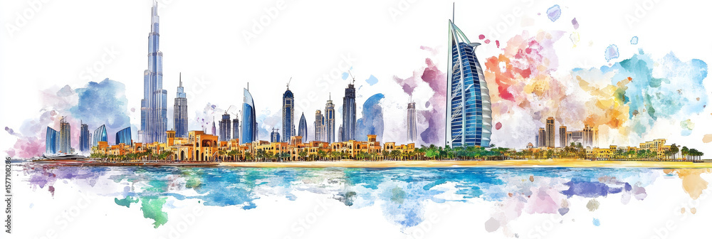 Obraz premium Dubai Skyline Watercolor Painting - Vibrant watercolor painting of Dubai's iconic cityscape, symbolizing modern architecture, luxury, tourism, culture, and progress.