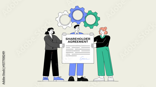 diverse shareholders holding an agreement with gears overhead, vector illustration for establishing a shareholder agreement, corporate governance and investor relations