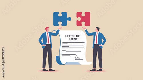 businessmen connecting puzzle pieces over a document, vector illustration for executing a letter of intent, business partnership and merger agreement
