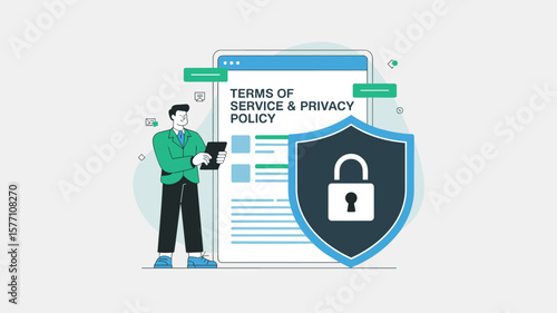 business owner with terms of service and privacy policy document, vector illustration for website user agreements, data protection compliance and online legal framework