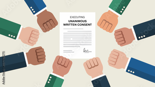 diverse partners fists in a circle around a document, vector illustration for executing a unanimous written consent, board resolution and corporate agreement