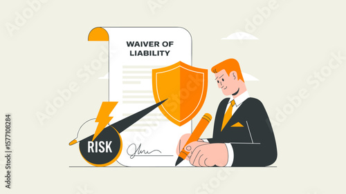businessman signing a waiver of liability document, vector illustration for executing a waiver of liability, risk management and legal protection agreement