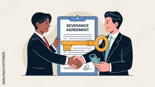 two businessmen shaking hands over a severance agreement document, vector illustration for executing a severance agreement, employee separation and job termination settlement