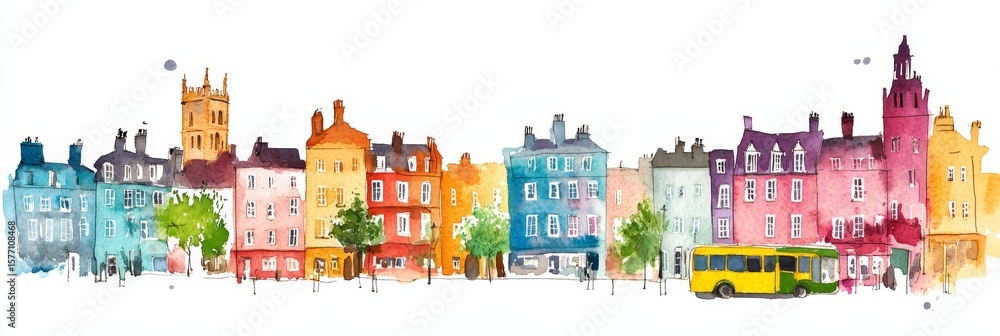 Fototapeta premium Dublin Street Scene Watercolor - Vibrant watercolor Dublin cityscape, showcasing colorful buildings, lush greenery, a charming bus, and a peaceful atmosphere.