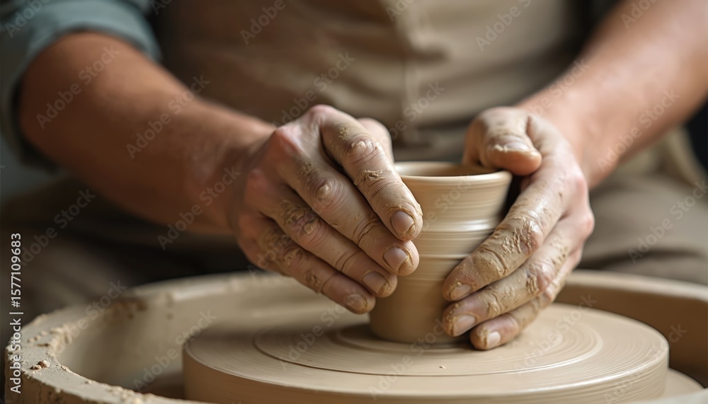 Skilled artisan male hand shapes handmade ceramic pottery on wheel. Man molds wet clay with skilled fingers. Handcraft pottery studio concept. Male craftsman creates ceramic artwork. Skilled artisan male hand shapes handmade ceramic pottery on wheel. Man molds wet clay with skilled fingers. Handcraft pottery studio concept. Male craftsman creates ceramic artwork.