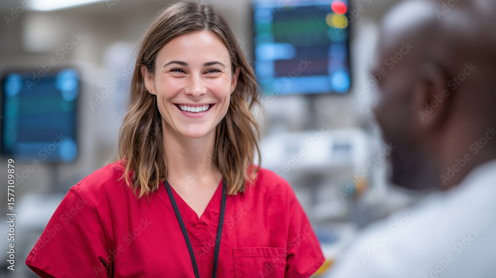Fototapeta premium Warm expression on nurseâs face as she greets patient in examination room, red scrubs vibrant against white sterile surfaces and digital health monitors in the background