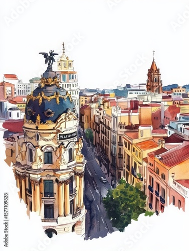 Madrid Watercolor Cityscape - Vibrant watercolor painting of Madrid's architecture, showcasing a blend of old and new, capturing the city's energy and charm, with a focus on detail and color.