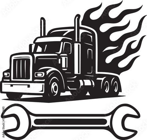 Black and White Illustration of a Semi Truck with Flames and a Wrench Below It