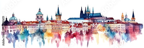 Prague Skyline Watercolor Painting - Charming watercolor cityscape, Bohemian architecture, vibrant colors, fairytale aesthetic, Czech Republic.