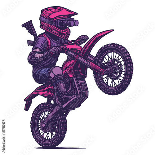A dynamic vector illustration of a tactical dirt bike rider performing a wheelie