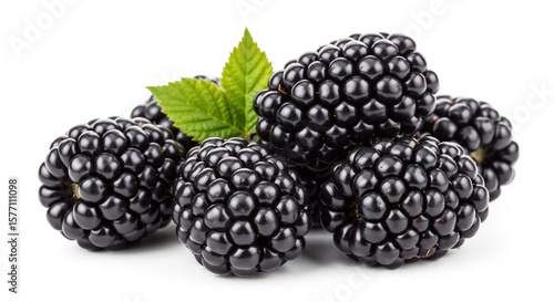 Fresh Blackberries with Green Leaf on White Background, Generative AI