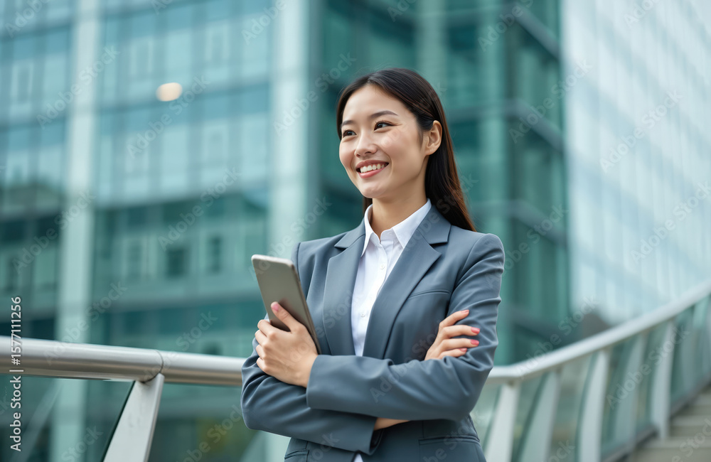Young professional businesswoman stands confidently outside modern glass steel skyscraper. Wearing gray suit holding smartphone checking messages. City landscape office district. Young professional businesswoman stands confidently outside modern glass steel skyscraper. Wearing gray suit holding smartphone checking messages. City landscape office district.
