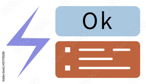 Lightning bolt beside a blue Ok button and orange checklist. Ideal for speed, affirmation, decision-making, task completion, efficiency, technology, and productivity in a simple flat metaphor