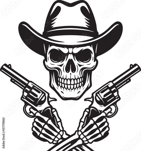 Monochrome Cowboy Skull with Crossed Guns A Vintage Western Illustration for Apparel and Design black