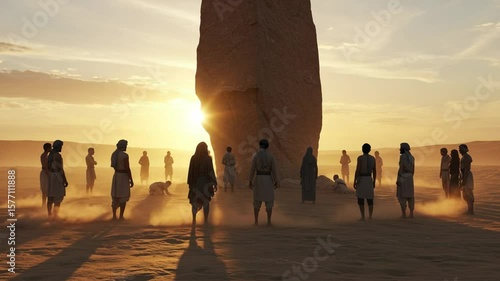 Desert Sunset Ritual: Ancient Stone  Worshipping People.
