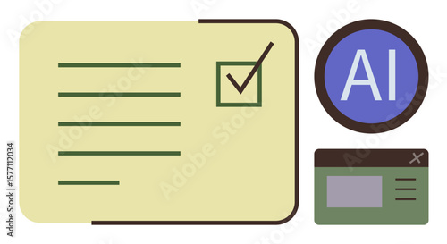 Checklist with marked task, AI circle badge, and minimized web window. Ideal for task management, AI tools, automation, workflow, productivity, organization simple flat metaphor