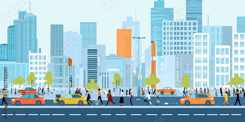 City street scene with diverse pedestrians crossing road and yellow taxis in front of modern skyscrapers during daytime urban life vector illustration