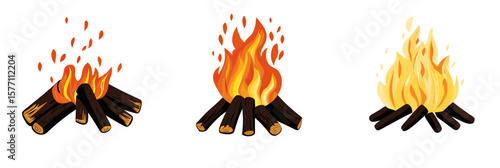 Set of three flat minimalist campfire icons with burning wood logs and stylized flames isolated on white background vector illustration