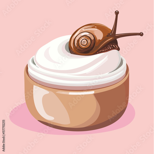 Brown snail emerging from jar of white cosmetic cream on pink background flat vector illustration beauty skin care concept