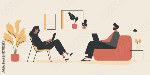 Flat minimalist vector illustration of two people working on laptops in modern home office with plants and comfortable furniture digital remote work concept