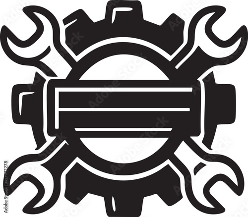 Black and White Graphic of a Gear Axle and Wrenches Representing Mechanics and Repair black