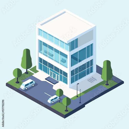 Isometric modern office building exterior with glass windows, parking lot, trees, and sidewalk in flat minimalist vector style