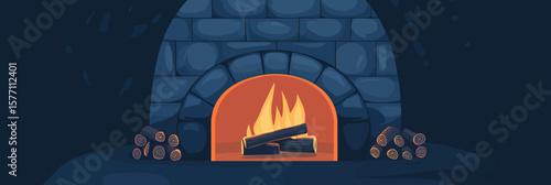 Cozy stone fireplace with burning logs and glowing flames stacked firewood symmetrical in flat minimalist vector style interior illustration