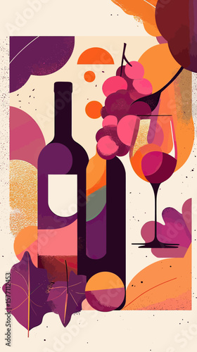 Abstract flat minimalist vector illustration of wine bottles, glass with red wine, and grape cluster surrounded by autumn leaves in warm vibrant colors for seasonal posters and wine events