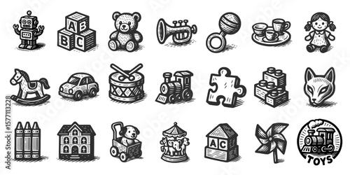 レトロ風おもちゃアイコンセット(モノクロ)、Retro Toy Icon Set in Monochrome