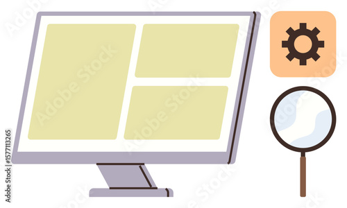 Computer monitor displaying grid layout design, magnifying glass symbolizing search, and gear for settings or customization. Ideal for user interface, web design, organization, navigation