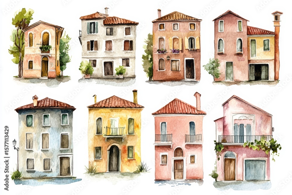 Obraz premium Watercolor Venice Italian Houses Clipart - Charming watercolor illustrations of eight unique Italian houses, symbolizing architecture, travel, Italy, charm, and home.