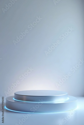 Minimalist white podium with blue neon light, product display background