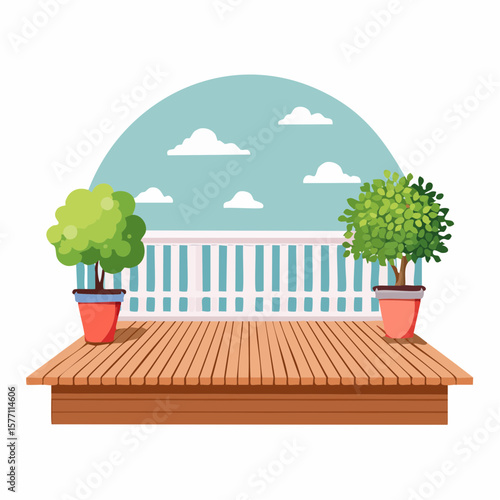 back garden patio area with wood decking and potted plants