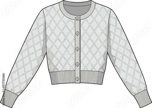 Cad drawing flat vector illustration of a trendy button-up knit cardigan sweater with diamond pattern, fashion design, apparel garment layout