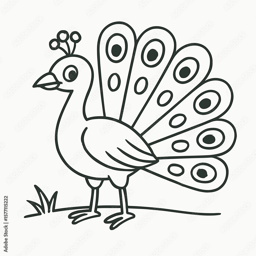 Fototapeta premium Outline of a peacock standing on grass with fanned tail, coloring page 