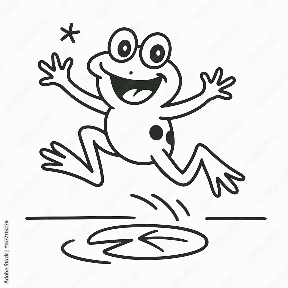 Obraz premium Happy frog jumping and splashing in a puddle - Concept of coloring page 